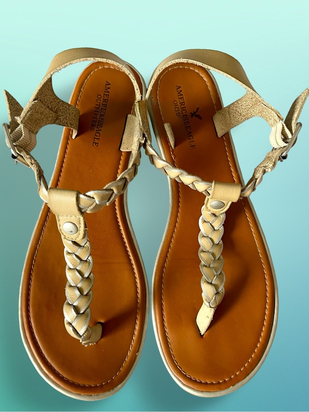 American Eagle Outfitters Braided T-Strap Thong Gladiator Sandals Tan Silver Sz9